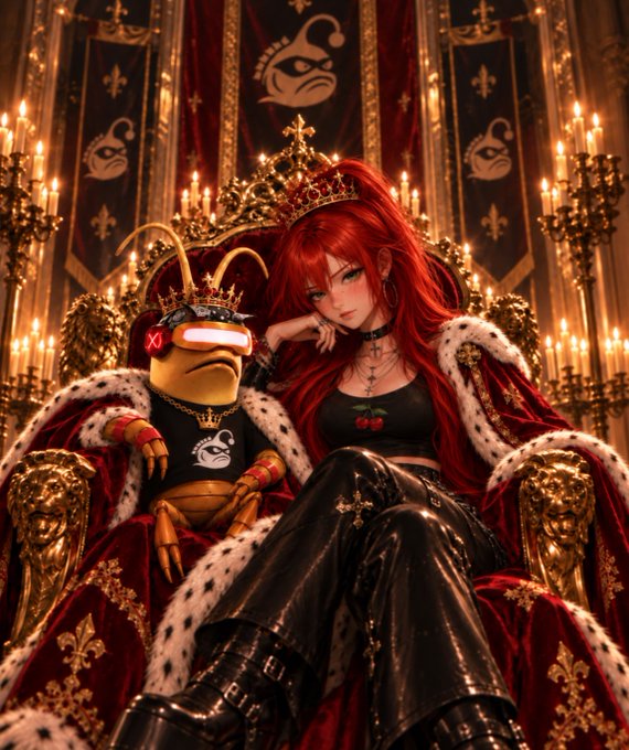 A fantasy-style AI generated illustration of a red-haired anime girl sitting on an ornate throne beside a cartoon character wearing VR goggles and a crown, both dressed in royal robes with ermine trim in a candlelit gothic hall.