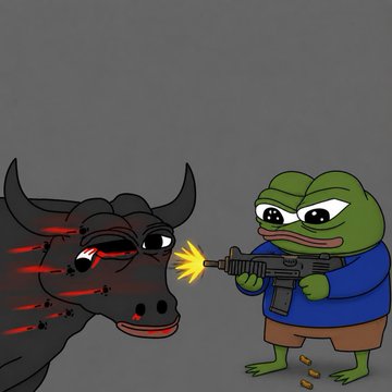 Meme image of a Pepe the Frog character in a blue shirt shooting a machine gun at a bull (stock market symbol) with bullet wounds.