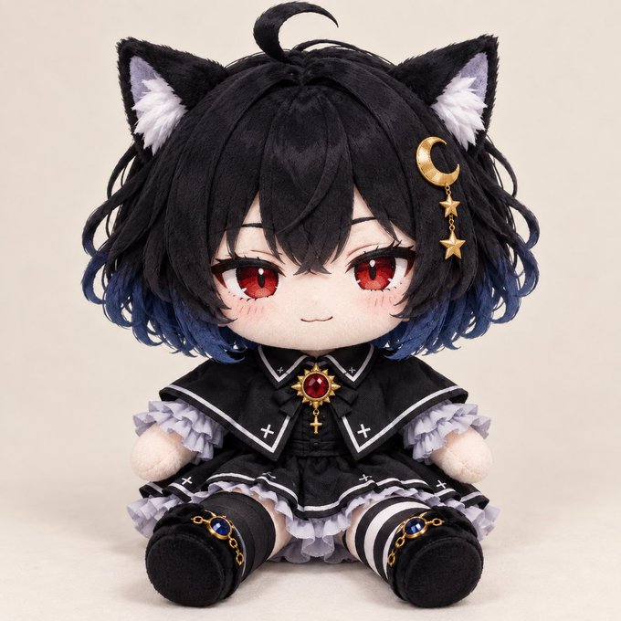 A chibi-style anime plush doll with black and blue hair, cat ears, red eyes, a gold moon and star hair accessory, wearing a black gothic dress with white ruffles and gold chain details.