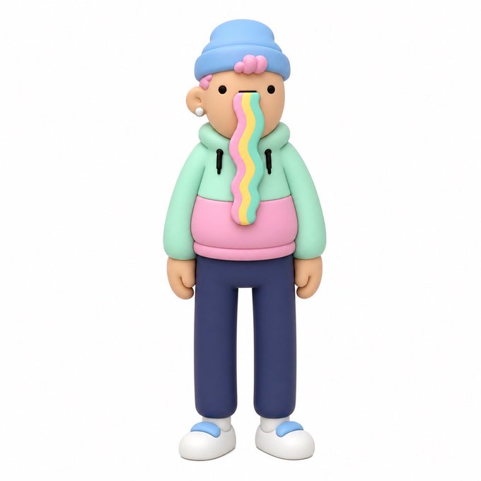 A 3D-rendered cartoon figure wearing a blue beanie, mint and pink hoodie, and navy pants has a rainbow-colored liquid dripping from its mouth.