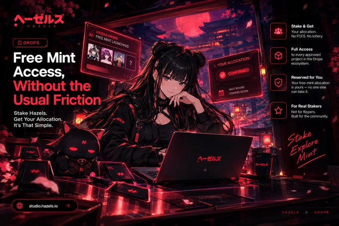 A Hazels Gaming promotional banner reads 'Free Mint Access, Without the Usual Friction' and features an anime-style character with a laptop and a black cat in a red-lit setting.