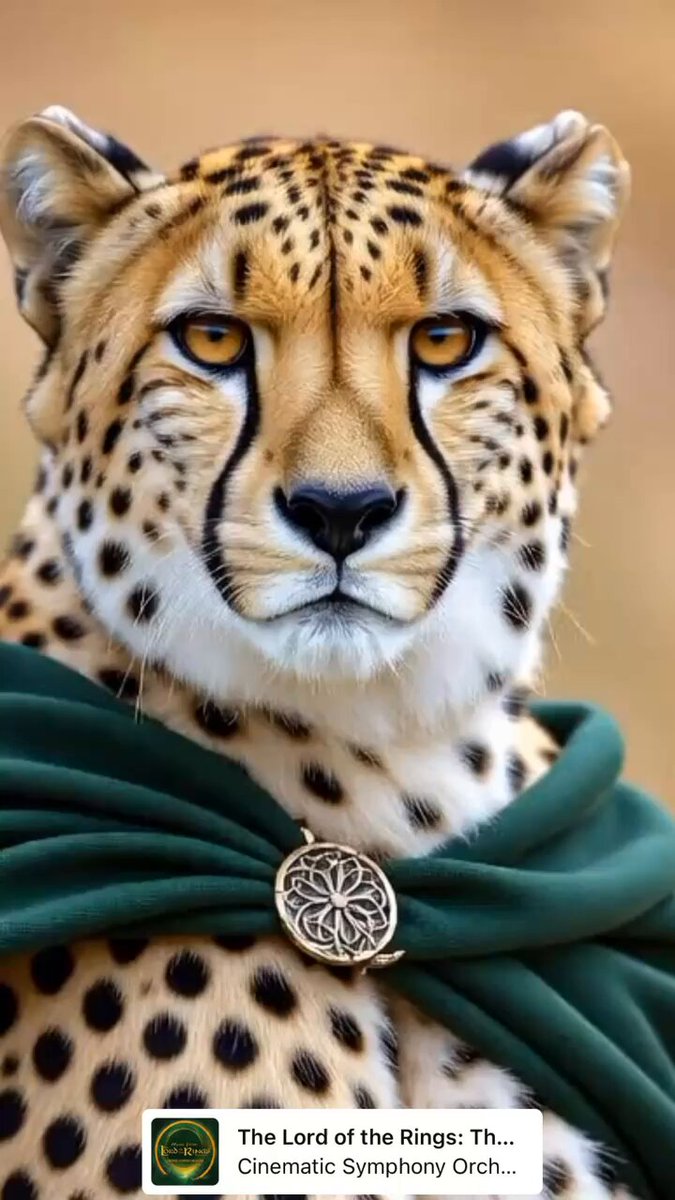 The image features a close-up of a leopard cat with its head tilted slightly to one side, looking directly at the camera. The cat's fur has black spots, which are clearly visible against the lighter background. The cat appears to be wearing a green scarf around its neck and is positioned in front of a brown wall. There is also text present in the image that reads "The Lord of the Rings: Th. The Ring of Fire. The Ring of Fire. The Ring of Fire. The Ring of Fire. The Ring of Fire."