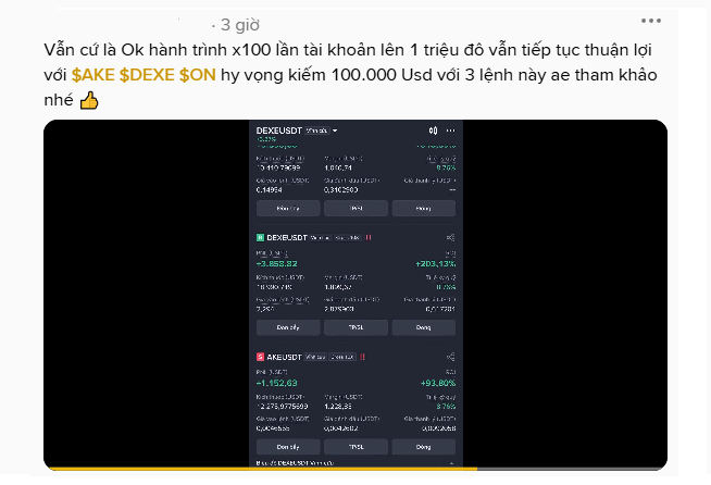 A screenshot of a social media post in Vietnamese promoting cryptocurrency investments, showing a trading app interface with data for 'DEXEUSDT', 'GEXEUSDT', and 'AXLUSDT'.