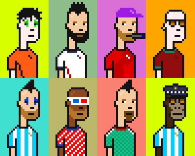 An eight-panel grid shows pixel-art character portraits with distinct hairstyles, accessories, and clothing against brightly colored backgrounds.