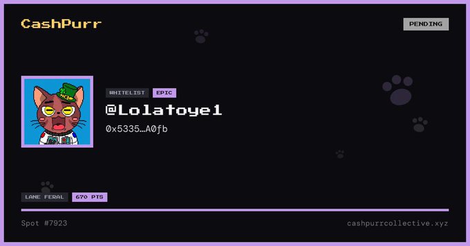 A digital profile card for 'CashPurr' showing a cartoon cat NFT avatar for '@Lolatoye1' with a 'PENDING' status and wallet address.