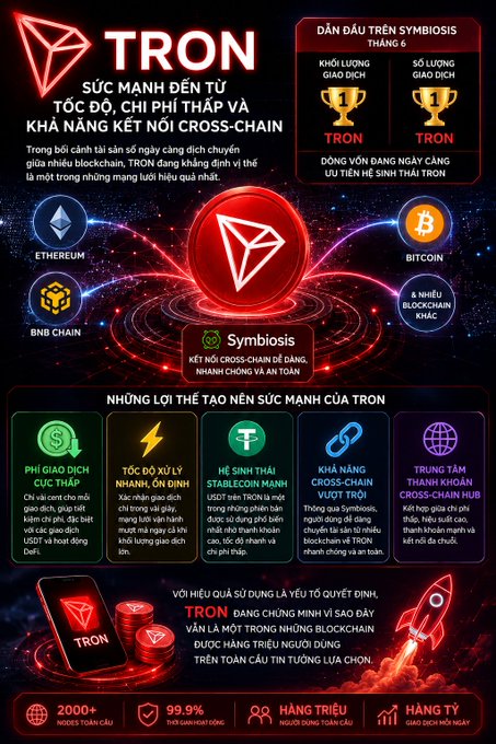 A promotional infographic in Vietnamese for TRON cryptocurrency, highlighting its cross-chain connectivity with Ethereum, Bitcoin, and BNB Chain via Symbiosis, alongside its key advantages: ultra-fast transaction speeds, stablecoin efficiency, cross-chain swap capabilities, and 2,000+ global nodes with 99.9% success rate. The design features the TRON logo centrally surrounded by partner blockchain icons and five benefit icons, matching the post's emphasis on speed, low costs, and superior cross-chain interoperability.