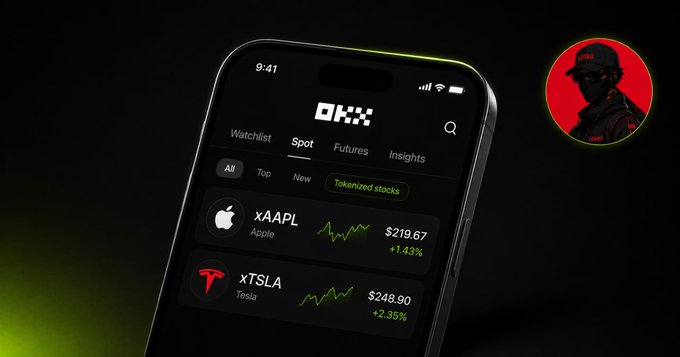 The image shows a smartphone displaying the OKX app's Spot trading interface, featuring tokenized stocks for Apple (xAAPL at $219.67, +1.43%) and Tesla (xTSLA at $248.90, +2.35%) under the "Tokenized stocks" tab. This visually represents the post's mention of OKX's feature allowing users to access tokenized stock trading directly within their crypto app, eliminating the need for separate trading platforms.