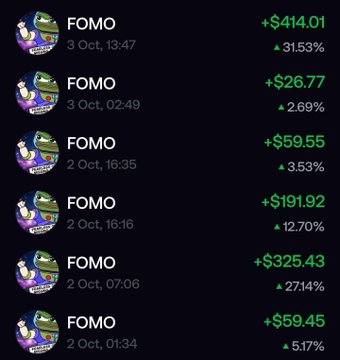 List of FOMO token transactions with positive gains, including +$414.01 (31.53%) on 3 Oct at 13:47 and +$325.43 (27.14%) on 2 Oct at 07:06.
