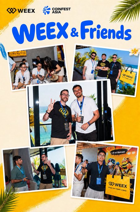A collage captioned "WEEX & Friends" showcases memorable moments from Coinfest Asia, featuring WEEX team members and crypto KOLs interacting, posing for photos, and networking at the event, including a featured shot with Tobias from TBV.