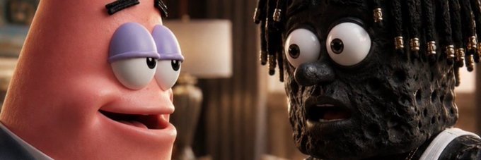 Two animated characters from "The SpongeBob Movie: Sponge on the Run" face each other in an indoor setting: on the left is Patrick Star with a skeptical half-lidded expression, and on the right is a soot-covered figure resembling Gary the Snail with wide eyes and a shocked look. The image serves as the new banner for the Solana token $CUH on Moby, likely chosen for its quirky, meme-worthy comedic appeal.