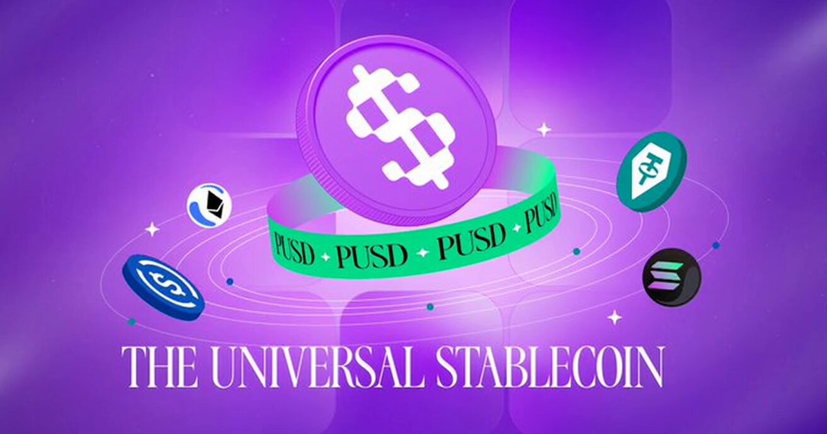 The image shows a colorful illustration of various digital coins floating in space against a purple backdrop. The coins have unique designs and symbols that add visual appeal to the composition. In the foreground, there is text that reads "The Universal Stablecoin" and "Stablecoins are broken. There’s over $320B+ in stablecoin liquidity across crypto", which provides context for the scene.