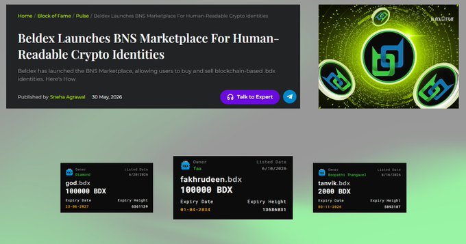 An article titled "Beldex Launches BNS Marketplace For Human-Readable Crypto Identities" showcases examples like "god.bdx" and "fakhrudeen.bdx" available for purchase in BDX.