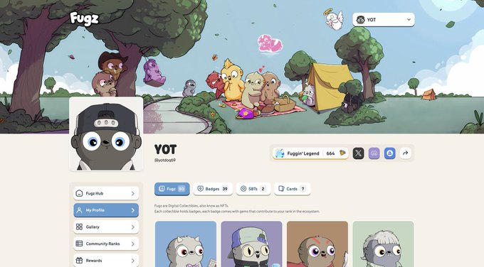 A digital profile page for 'YOT' on the 'Fugz' NFT platform, featuring a cartoon penguin avatar and a banner with various bird characters having a picnic.
