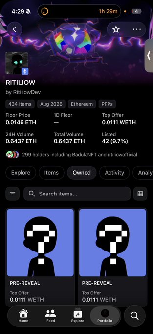 The image shows a mobile screenshot of the RITILOW NFT collection on Ethereum, with 434 items, a floor price of 0.0146 ETH, and 24h volume of 0.6437 ETH, currently displaying two PRE-REVEAL NFTs at a top offer of 0.0111 WETH each.

The caption relates to the post by highlighting the low sweep price of 0.004 ETH mentioned, which is significantly below both the listed floor price (0.0146 ETH) and the current top offer (0.0111 WETH) shown in the collection stats.