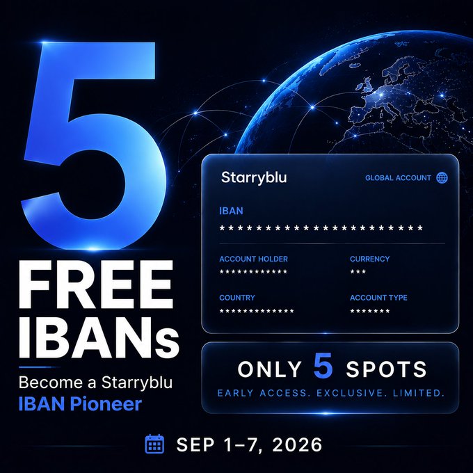 Promotional image for Starryblu offering 5 free IBANs as part of an "IBAN Pioneer" program, with details including Global Account info, limited "Only 5 Spots" early access available September 1-7, 2026. This connects to the announcement of Starryblu's upcoming European personal IBAN account integration with TenPayGo's new E-Wallet feature.