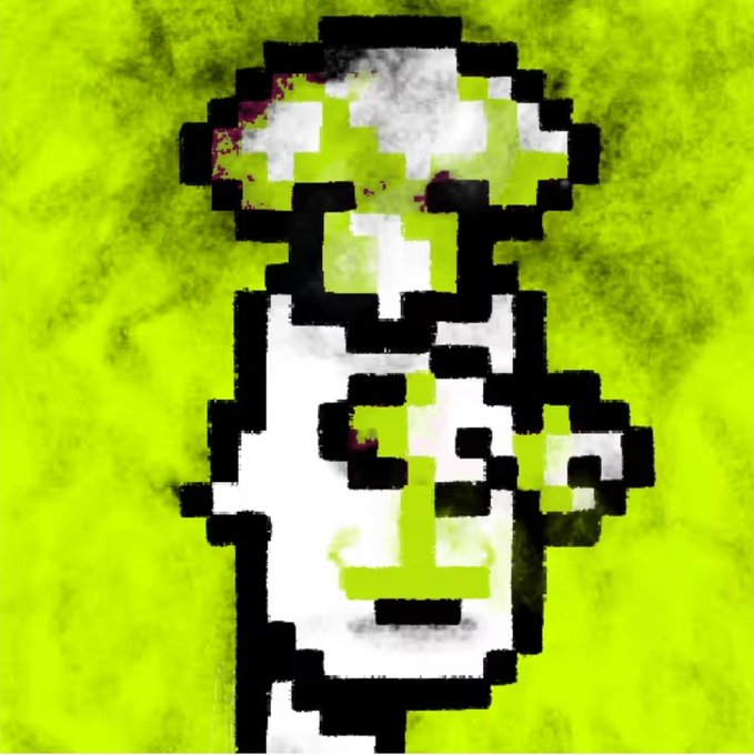 A heavily pixelated, glitch-art style digital image featuring a figure in black and white against a bright neon green background.