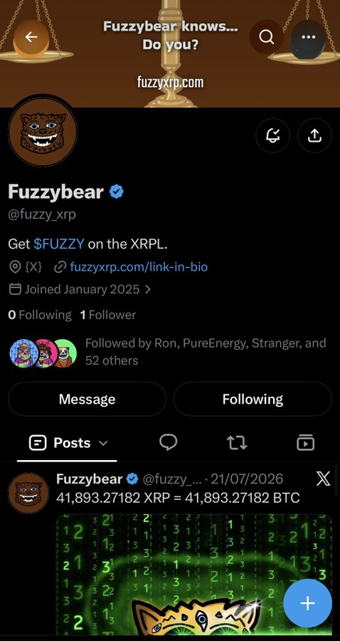 A Twitter/X profile for 'Fuzzybear' (@fuzzy_xrp) with the bio 'Get $FUZZY on the XRPL,' joined January 2025, showing 0 following and 1 follower, with a post converting 41,893.27182 XRP to BTC.