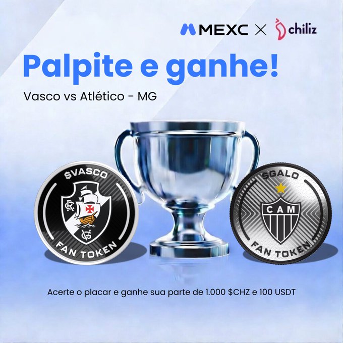 The image features a trophy, two coins, and a poster with text about a soccer match between two teams. The trophy is placed on top of one coin while the other coin sits next to it. The text on the poster reads "Palpite e ganhe! Vasco vs Atletico - MEC G - ¡1,000,000 USDT". The post also mentions that there are two coins in the image and encourages viewers to predict the outcome of the soccer match between the two teams.