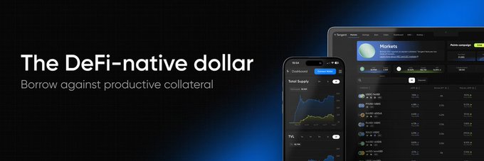 A promotional banner reads 'The DeFi-native dollar — Borrow against productive collateral' alongside mobile and desktop screenshots of a financial app displaying market data and a Total Supply chart.