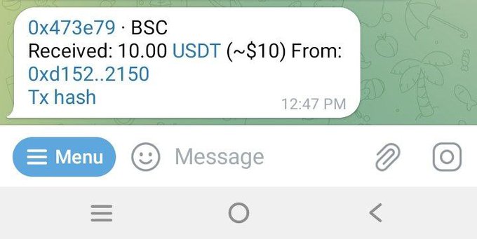 A screenshot of a Telegram notification on a mobile device showing a received 10.00 USDT (~$10) transaction on the BSC network from address '0xd152..2150' at 12:47 PM.