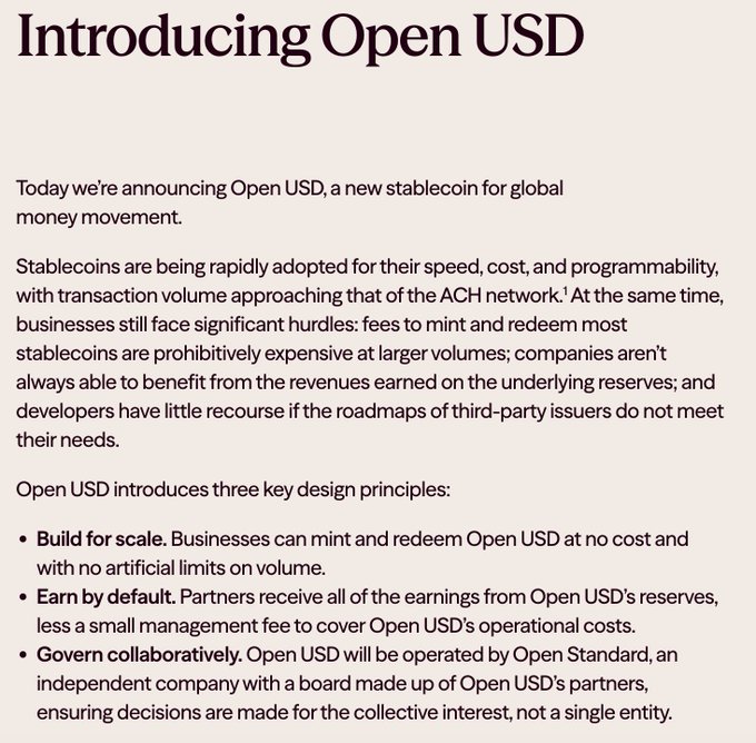 The image announces "Open USD" as a new stablecoin designed for global money movement, highlighting three key principles: building for scale (free minting/redeeming), earning by default (partners receive reserve earnings minus a management fee), and governing collaboratively through Open Standard—an independent company with a board of partners. This aligns with the post's announcement of Visa's launch of the OUSD stablecoin in partnership with Coinbase, Mastercard, Stripe, BlackRock, and over 100 other partners, positioning it as a major new entrant in the stablecoin market.