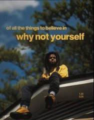 A person in a yellow hoodie and Timberland boots sits on a rooftop ledge beneath the overlaid text "of all the things to believe in / why not yourself," visually echoing the post's call to pivot toward bold self-reinvention like the Robinhood brand.