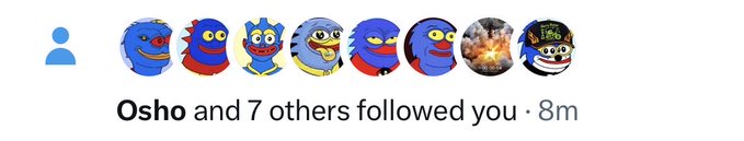A social media notification showing "Osho and 7 others followed you" with 8 cartoon avatar icons.