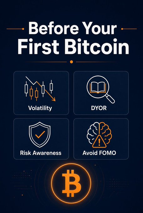 Infographic titled 'Before Your First Bitcoin' listing four key principles: Volatility, DYOR, Risk Awareness, and Avoid FOMO, featuring a glowing Bitcoin logo at the bottom.