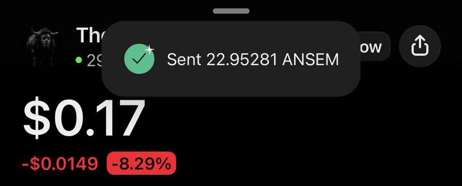 A mobile screenshot shows a confirmation pop-up reading "Sent 22.95281 ANSEM" over a dark interface displaying a token price of $0.17 (-8.29%, -$0.0149), visually demonstrating the poster's claim of distributing thousands of ANSEM tokens.