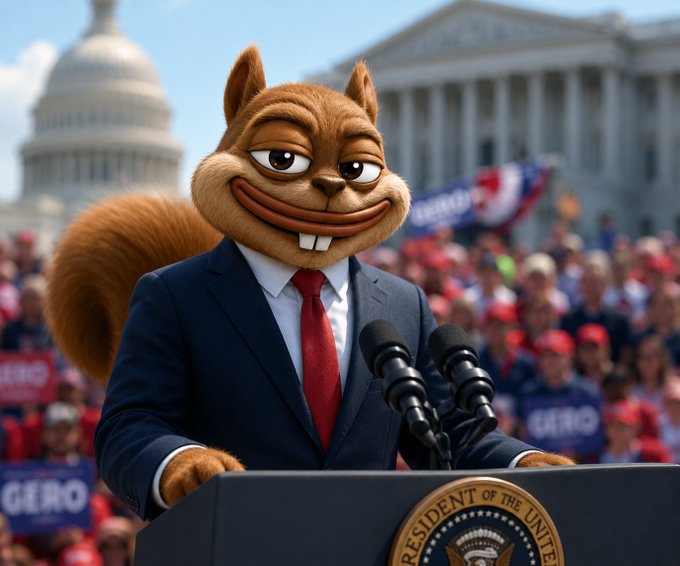AI-generated image of an anthropomorphic squirrel in a blue suit and red tie speaking at a presidential podium with the U.S. Capitol in the background.