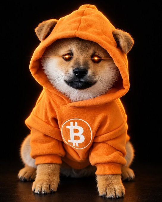 A digital illustration of a Shiba Inu dog wearing an orange hoodie featuring the Bitcoin '₿' logo, sitting against a dark background with glowing orange eyes.