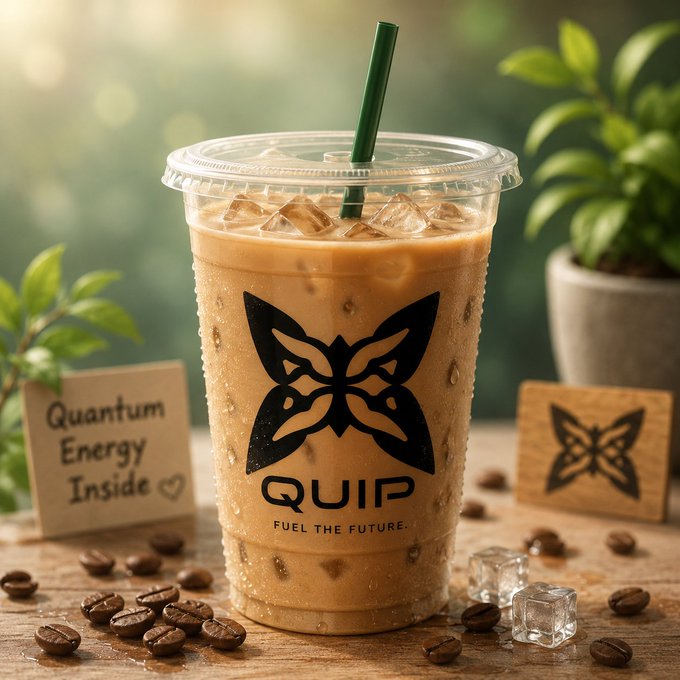 A promotional image of an iced coffee in a clear cup branded 'QUIP - FUEL THE FUTURE.' with a butterfly logo, accompanied by coffee beans, ice, and a small sign reading 'Quantum Energy Inside'.