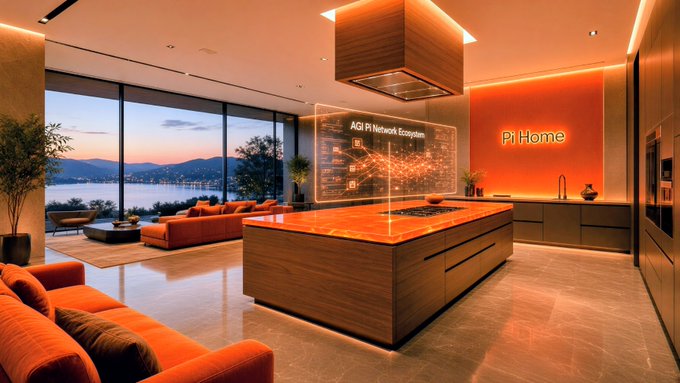 AI-generated image of a modern smart home interior with an orange color theme, featuring a holographic 'AGI Pi Network Ecosystem' display labeled 'Pi Home' above a kitchen island.