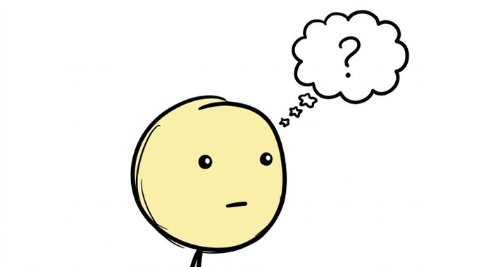 A simple cartoon drawing of a yellow stick figure with a confused expression, accompanied by a thought bubble containing a question mark.