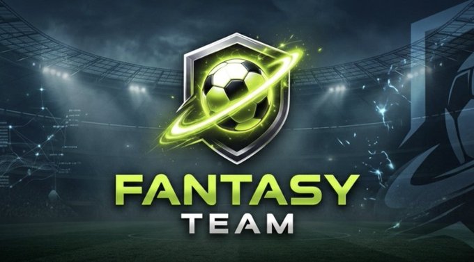 A graphic with a glowing green soccer ball in a shield, the text "FANTASY TEAM," set against a stadium background with digital overlays.