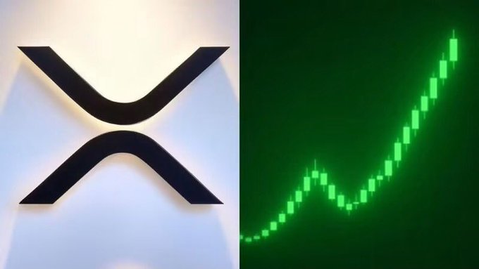 A split image showing a black XRP (X cryptocurrency) logo on a light background on the left, and a green candlestick chart showing an upward price trend on the right.