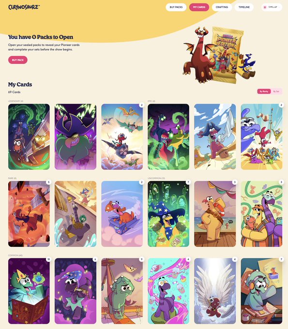 Screenshot of the Curiosmurfz website showing 'You have 0 Packs to Open', 'My Cards' with 69 Cards, and a grid of dinosaur-themed NFT card artwork under Legendary and Common categories.