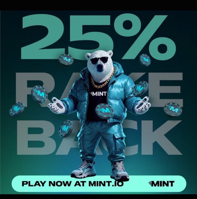 A promotional graphic for MINT.io showing an anthropomorphic polar bear wearing sunglasses, a gold chain, teal puffer jacket, and sneakers surrounded by MINT tokens, advertising '25% RAKE BACK'.