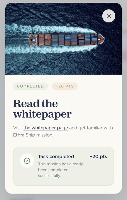 A task completion screen for 'Ethra Ship' showing an aerial photo of a cargo ship, with a 'COMPLETED' tag, '+20 PTS,' and instructions to 'Read the whitepaper.'