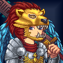 A stylized pixel-art lion character wearing a golden crown and armored shoulder plates, evoking a medieval fantasy warrior, visually complements the post's promotion of Fabled Chronicle as a cross-platform NFT gaming experience where players stake relics across Web2 and Web3.