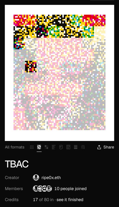 A pixelated collaborative art project titled 'TBAC' created by 'ripe0x.eth' with 10 people joined, showing 17 of 80 credits filled.