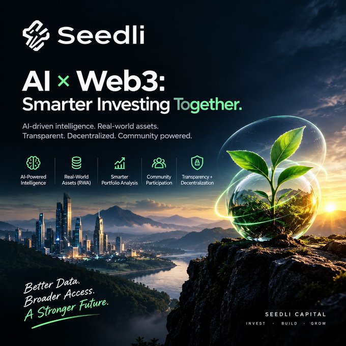 Seedli promotional graphic for 'AI x Web3: Smarter Investing Together' featuring Seedli Capital with features including AI-Powered Intelligence, Real-World Assets (RWA), Smarter Portfolio Analysis, Community Participation, and Transparency + Decentralization.
