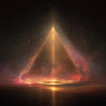 A glowing golden triangular pyramid with sparkling particles and light radiating outward, set against a dark cosmic background with reflective water below.