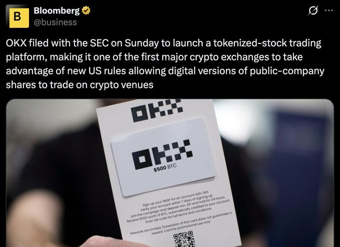 A Bloomberg (@business) post reporting that 'OKX filed with the SEC on Sunday to launch a tokenized-stock trading platform,' accompanied by a photo of a promotional OKX card for $500 BTC.