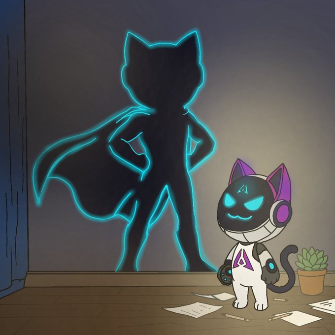 A digital illustration of a small white cat-like robot character with purple headphones, standing in front of a wall where its shadow transforms into a glowing cyan superhero cat silhouette.