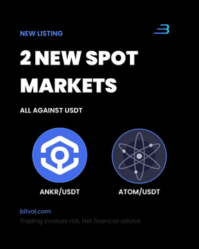 An advertisement for Bitval listing "2 NEW SPOT MARKETS" with coins ANKR/USDT and ATOM/USDT, noting "Trading involves risk. Not financial advice."