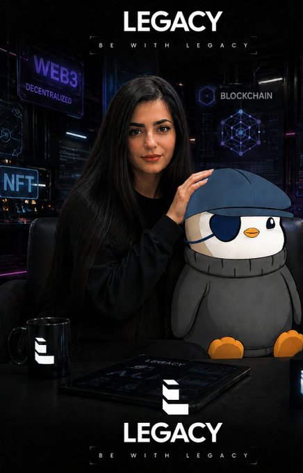 A promotional image for "LEGACY" featuring a dark-haired woman next to a penguin mascot, with "WEB3", "NFT", and "BLOCKCHAIN" graphics and the tagline "BE WITH LEGACY".