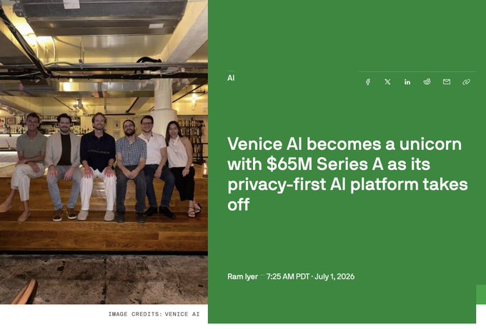 Article headline reads 'Venice AI becomes a unicorn with $65M Series A as its privacy-first AI platform takes off' by Ram Iyer, dated July 1, 2026, with a photo of the Venice AI team sitting together. Image credits: Venice AI.