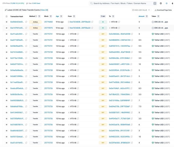 A cryptocurrency tracking website displaying ERC-20 token transfer events from HTX 48, showing multiple transactions involving Tether USD (USDT) with various transaction hashes and block numbers.