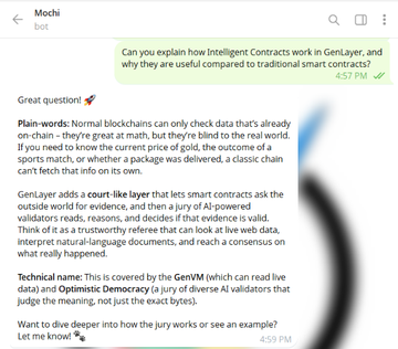 The image shows a chat conversation between a user and "Mochi" (GenMochiBot) about how Intelligent Contracts work in GenLayer, with the bot explaining that normal blockchains can only check on-chain data, while GenLayer's Optimistic Democracy uses AI jurors to interpret external evidence like web data and documents.